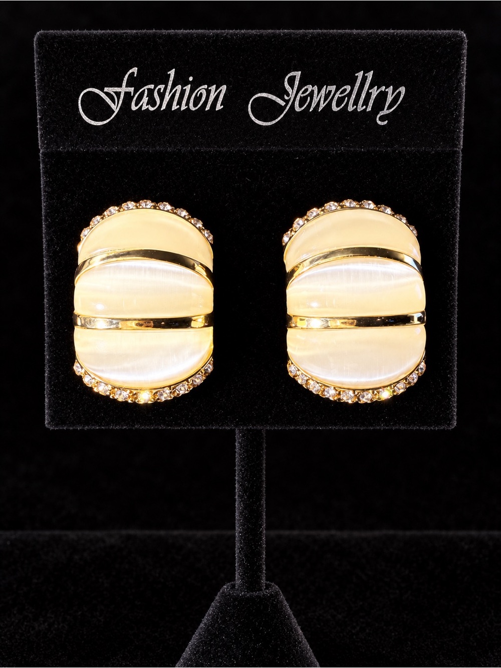 Fashion Jewelry Gold and Cream Cat’s Eye Oval Earrings with Clear Accents